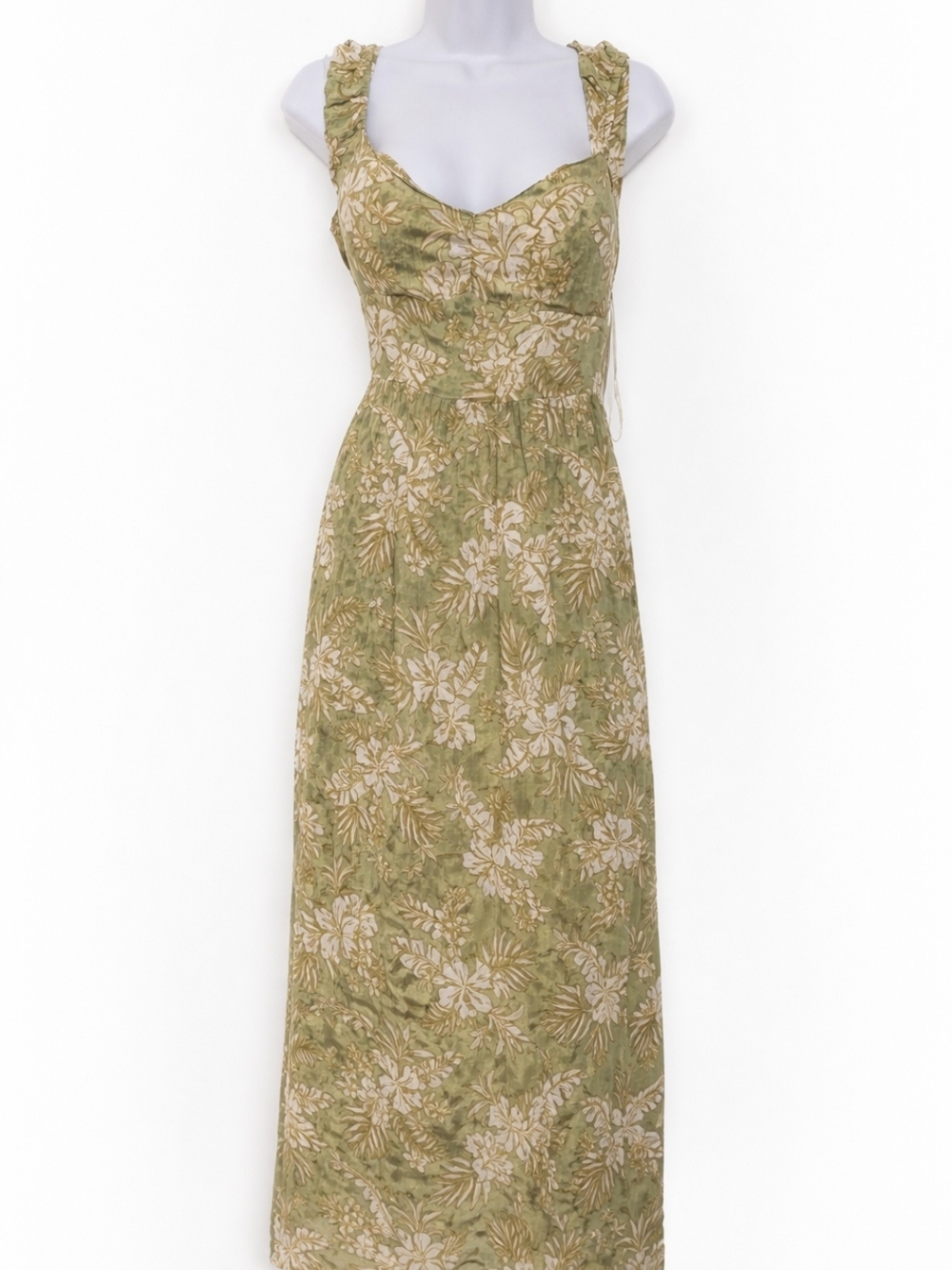 Sage Green Floral Maxi Dress Size Large Rayon Tropical Resort Summer Sundress - Picture 2 of 8